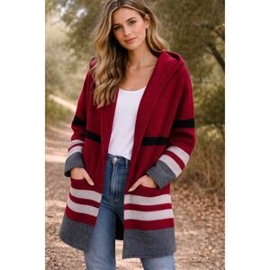Peruvian Connection XL Red Striped Hood Alpaca Cardigan Blanket Sweater Coat